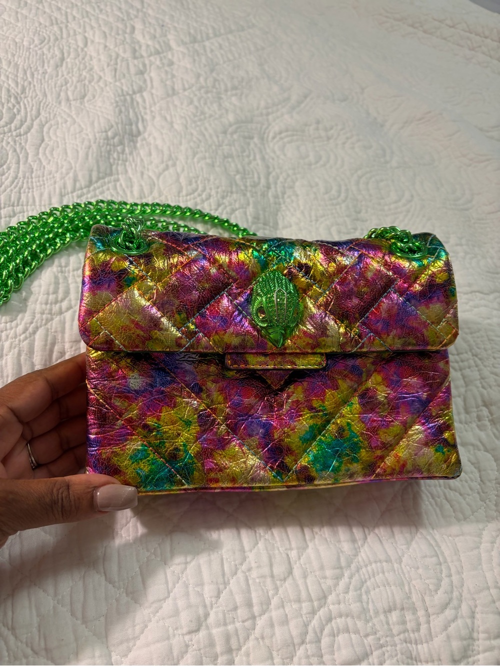 Kurt Geiger The Kensington Multicolored Quilted Crossbody Bag with Green Chain A